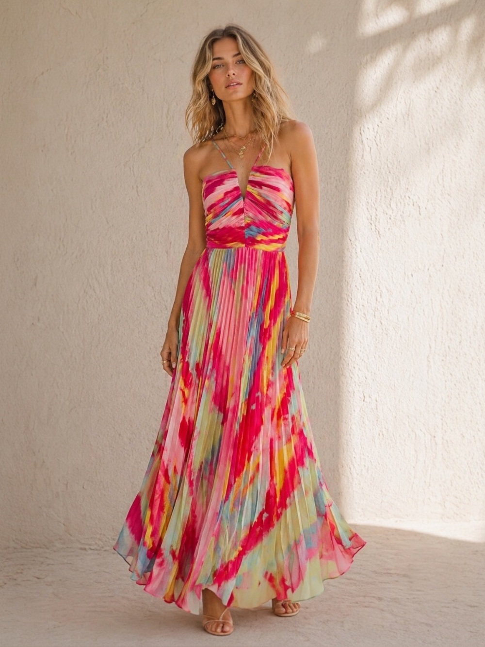 $259 Xscape Multi Tie Dye Print Pleated Halter Maxi Dress Size 8